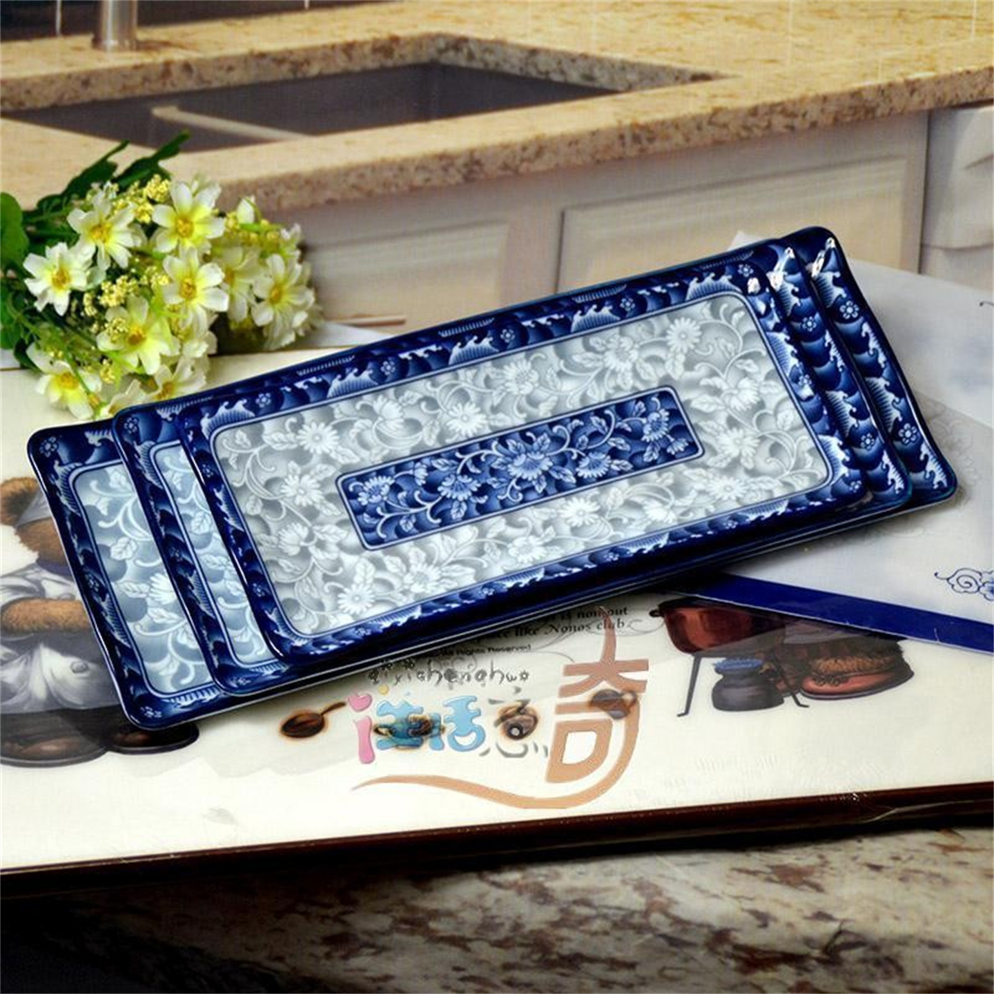 参宝长方形盘子青花瓷凉菜