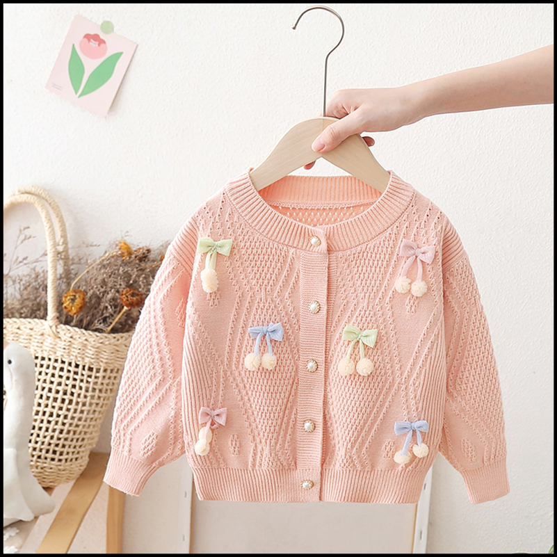 女童针织开衫春秋装2025新款洋气儿童圆领花朵线衣女宝宝毛衣外套