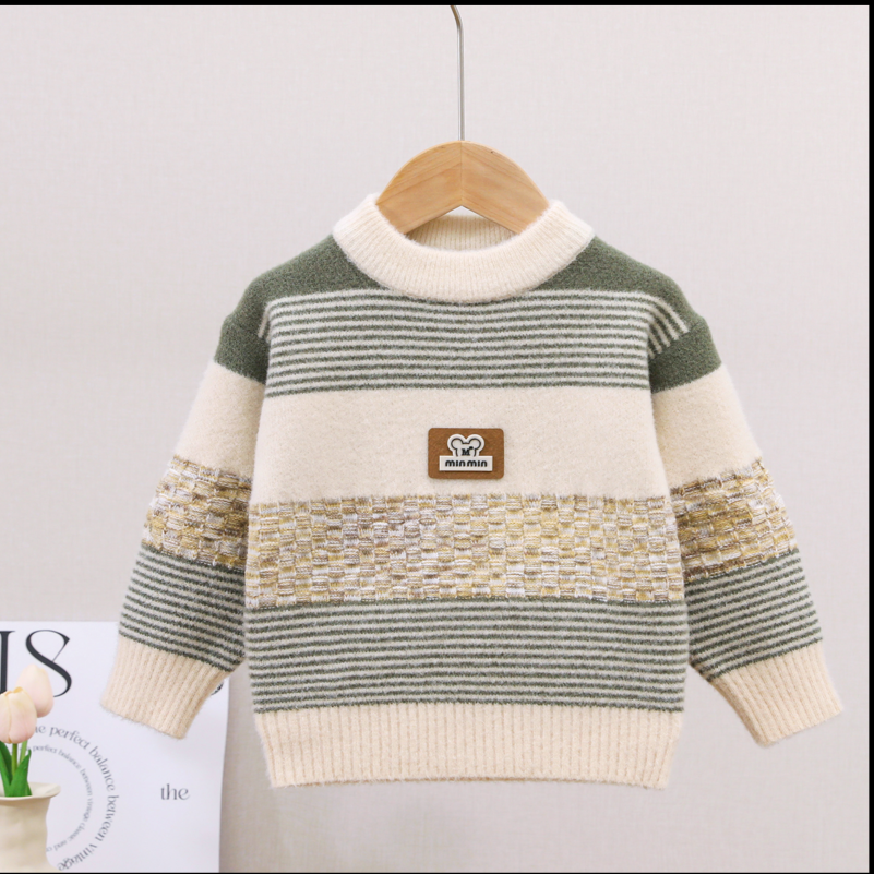 儿童韩国绒毛衣秋冬新款童装圆领男童拼色套头毛线针织衫宝宝上衣