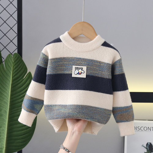 男童毛衣加厚秋冬款2025新款加绒中小童圆领套头毛线衣针织上衣