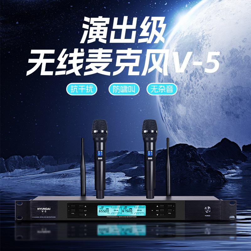 HYUNDAI现代V-5麦克风会议家庭KTV无线金属U段调频一拖二充电话筒