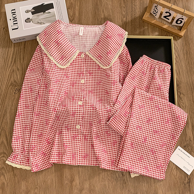 云朵棉女士睡衣春秋娃娃领网格慵睡衣/家居服套装
