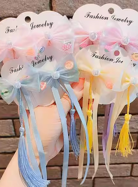 网红小公主古风蝴蝶结飘带发夹儿童小女孩汉服紫色发卡女童发饰