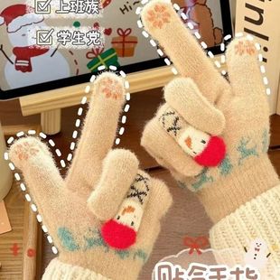 冬季保暖手套毛绒卡通可爱圣诞节雪人五指分指手套可触屏学生女生