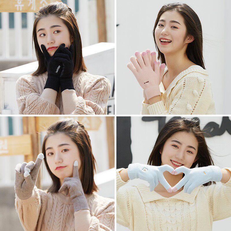 벨벳 다섯 손가락 감기 및 방풍 터치 스크린 사이클링 남성용 단색 간단한 한국어 버전 두꺼워진 여성용 니트 따뜻한 겨울 장갑