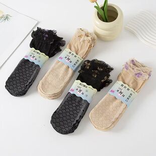 花边松口袜棉底防滑中筒丝袜月子袜夏季 妈妈袜防勾丝不勒腿 薄款