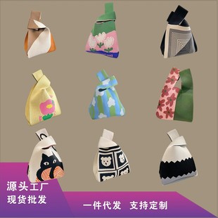 新款ins网红潮手提包女针织毛线水桶包手拎休闲托特包盒饭袋·