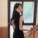 问问 改良长款 全钉珠黑色丝绒 无袖 旗袍气质长裙百搭 中式 Ti提提