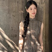 改良长款 Ti提提 无袖 棕色格子 旗袍 令仪