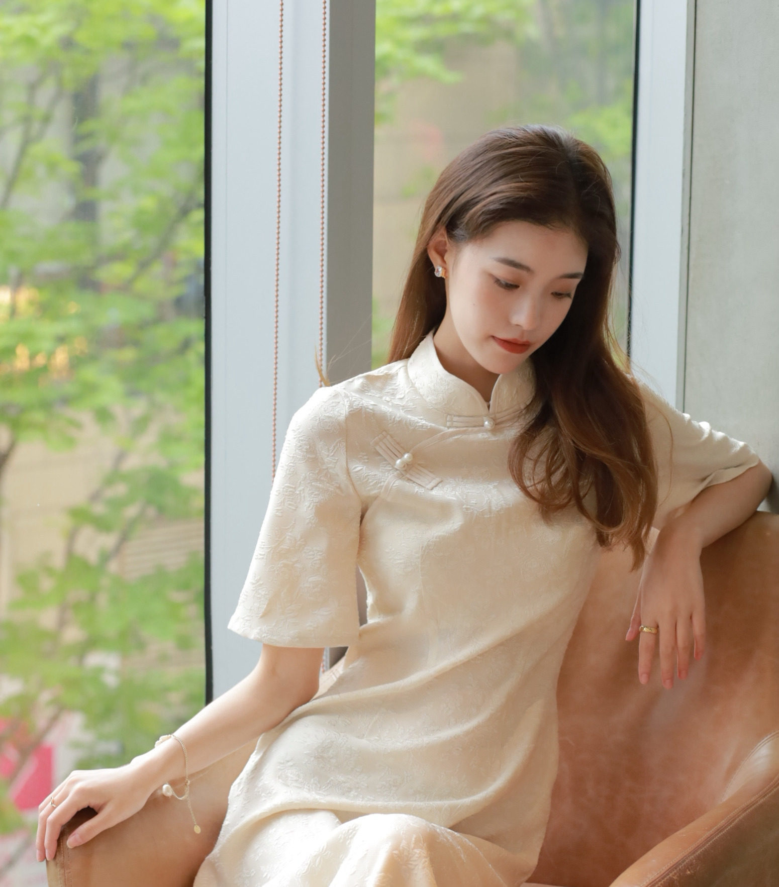 米白改良旗袍 连衣裙 长款 短袖(再贩)