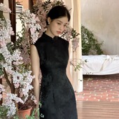 改良旗袍修身 Ti提提 无袖 黑色真丝提花长款 气质 阿蛮