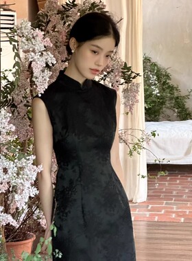 Ti提提 阿蛮 黑色真丝提花长款无袖改良旗袍修身气质