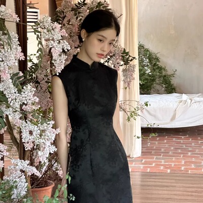Ti提提 阿蛮 黑色真丝提花长款无袖改良旗袍修身气质