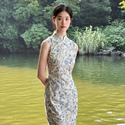Ti提提 望舒 蓝色碎花港工无袖改良长款旗袍
