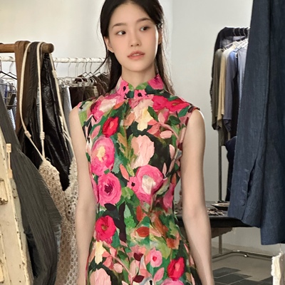 Ti提提  花时 洋牡丹港工改良长款无袖旗袍