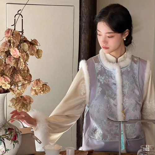 Ti提提 木槿·新中式国风水貂毛织花羊毛小马甲保暖立领无袖外套