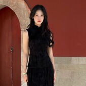 清嘉 鱼尾裙气质上衣 黑色 无袖 半裙两件套 复古气质新中式 Ti提提