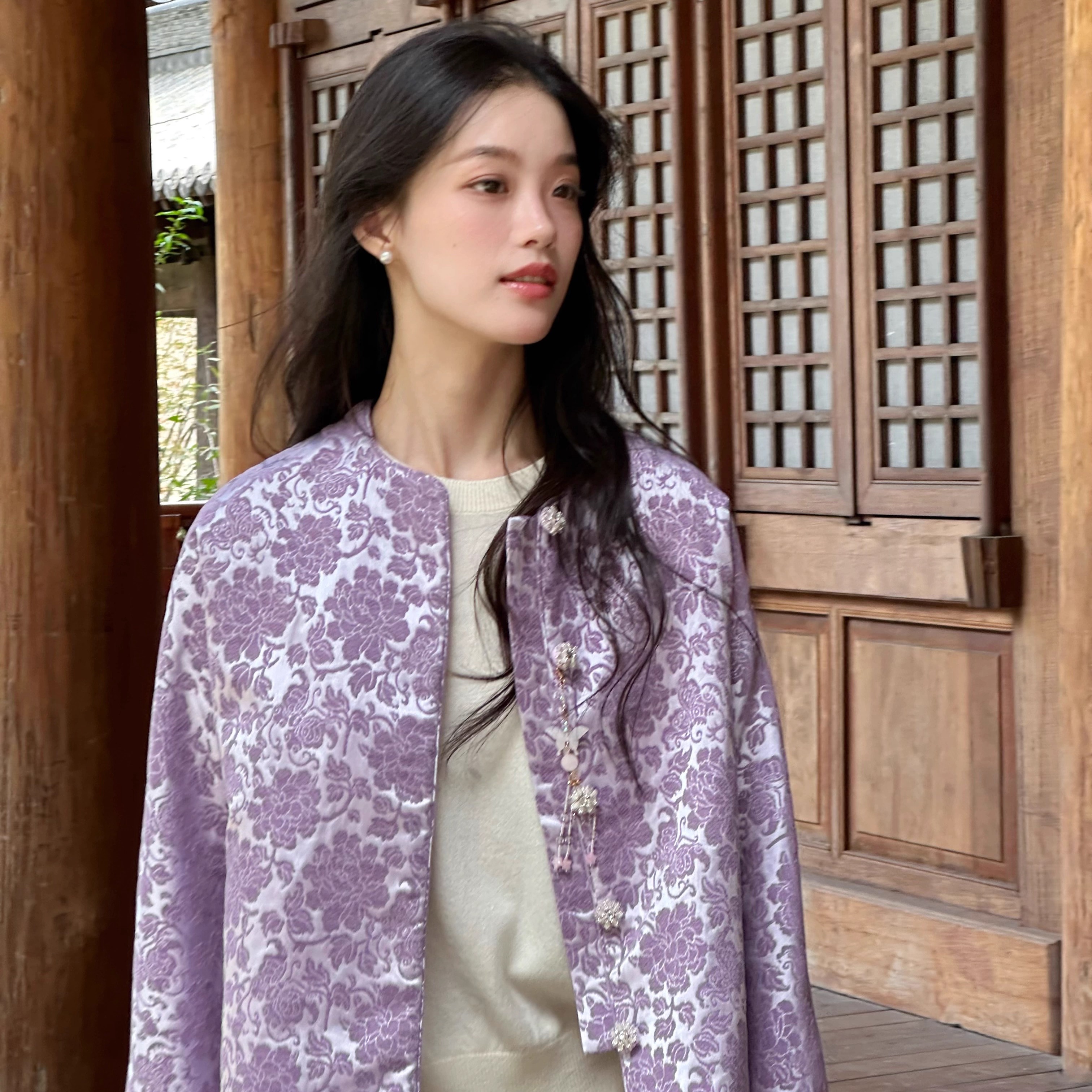 Ti提提  素问 浅紫色织花提花缎 新中式日常外套