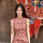 港工 红色 拉链侧开中式 无袖 旗袍 Ti提提 改良长款 秋序