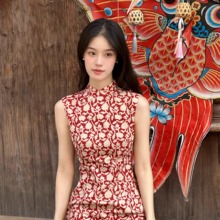 Ti提提 秋序 红色 港工 拉链侧开中式无袖改良长款旗袍