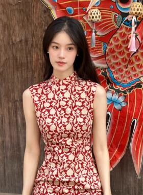 Ti提提 秋序 红色 港工 拉链侧开中式无袖改良长款旗袍