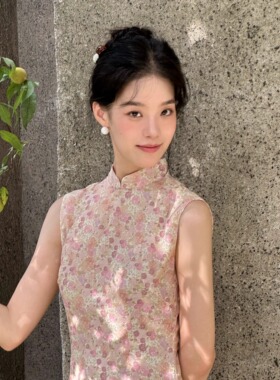 Ti提提 不及 全棉粉色碎花 港工复古无袖改良长款旗袍