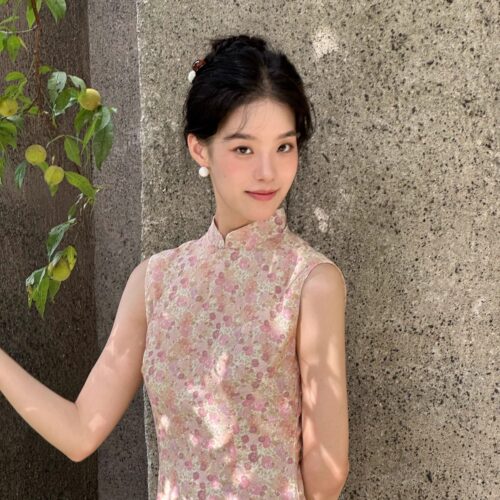 Ti提提 不及 全棉粉色碎花 港工复古无袖改良长款旗袍