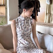 时序 中式 碎花 改良长款 旗袍文艺国风长裙女 港工复古无袖 Ti提提