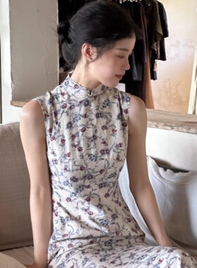 Ti提提 时序 碎花 港工复古无袖改良长款中式旗袍文艺国风长裙女