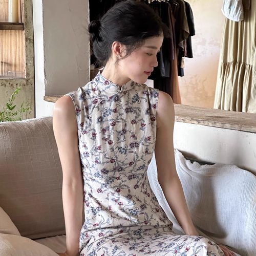 Ti提提 时序 碎花 港工复古无袖改良长款中式旗袍文艺国风长裙女