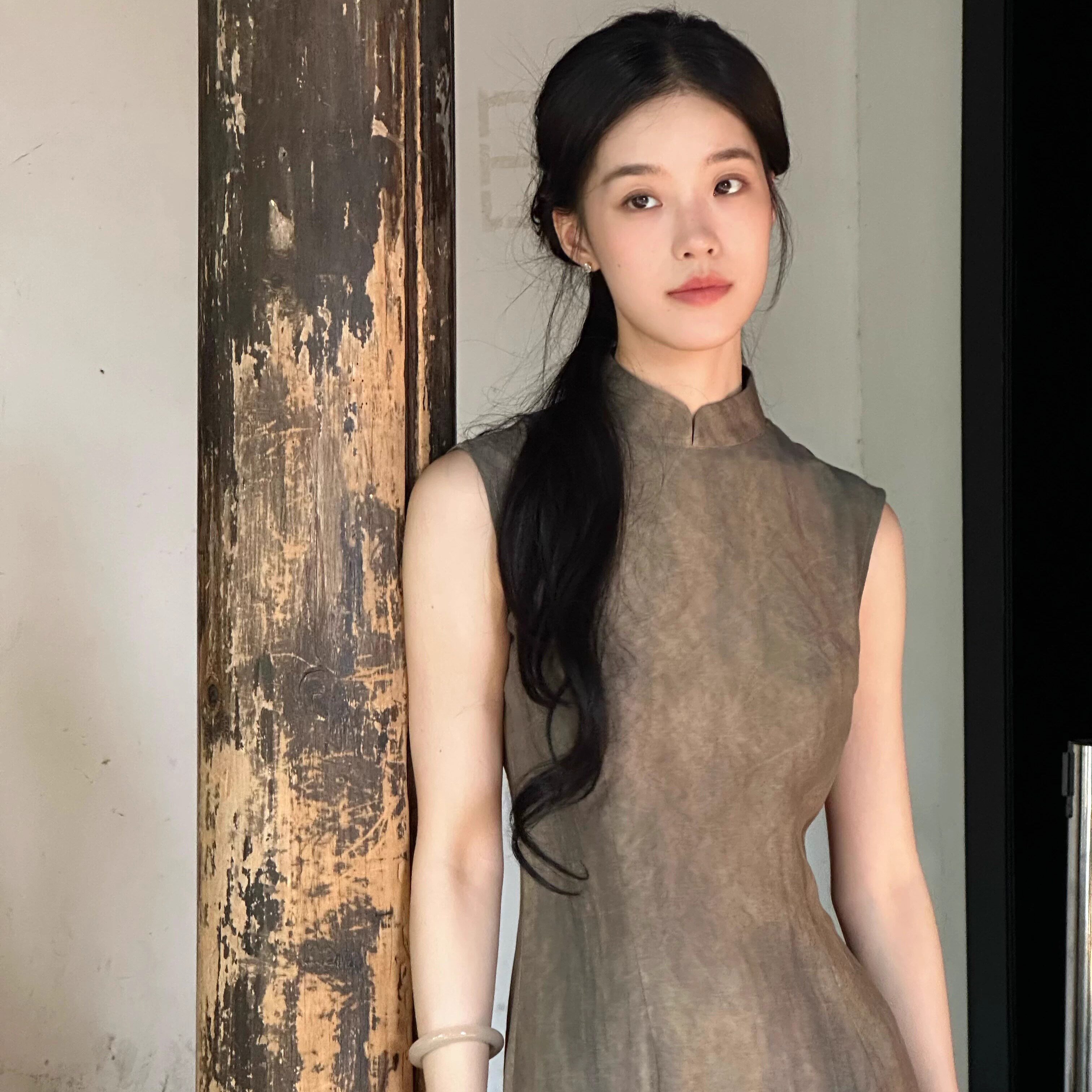 Ti提提 景行 墨绿 丝棉混纺 无袖改良长款旗袍