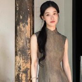 景行 改良长款 墨绿 无袖 旗袍 丝棉混纺 Ti提提