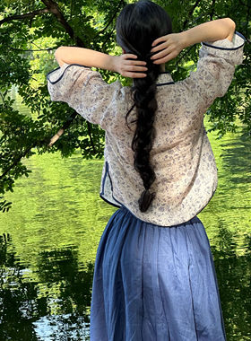 Ti提提  青影 德隆100支苎麻青色碎花中式套装 斜襟上衣半身长裙