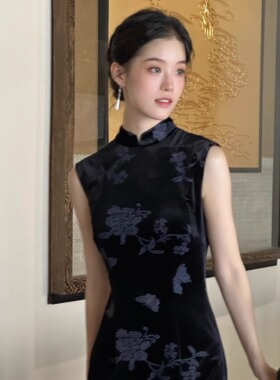 Ti提提 鸢尾蝶 黑色丝绒中式无袖改良长款旗袍名媛风高级感连衣裙