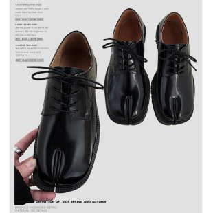 方头软亮面厚底系带学院风夹趾单鞋 马蹄鞋 even复古男小皮鞋 Fang