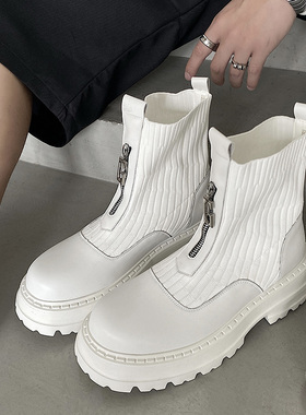 Fang even英伦皮靴男高帮白色马丁靴增高毛线针织厚底套筒靴子