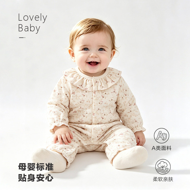 婴儿连体衣春秋季纯棉长袖女宝宝哈衣薄款公主爬爬服0-1-2岁外出
