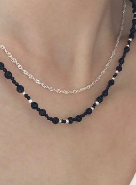 S925银切面金沙石银珠拼接项链锁骨百搭气质蓝砂石星空浪漫串珠女