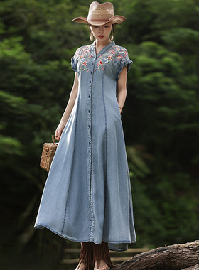 2025年新款夏季复古v领民族风重工刺绣短袖牛仔刺绣连衣裙A82760