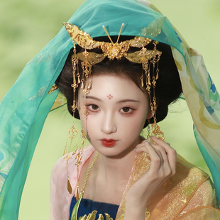 【霜翎阁】五代南唐复原闽国唐风汉服配饰套装复原牡丹长流苏额冠