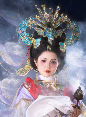 【霜翎阁】神仙仕女图绢人中秋发全套装蓝正凤汉服配饰品｛月神｝
