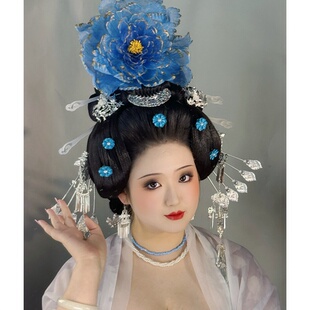 【霜翎阁】套装复原唐风发配饰品大牡丹银色流苏杨贵妃蓝｛宛岚｝