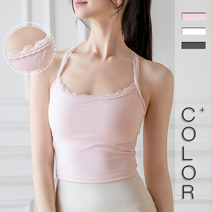 裸感高弹运动内衣女美背吊带防震带胸垫跑步运动背心蕾丝边瑜伽服