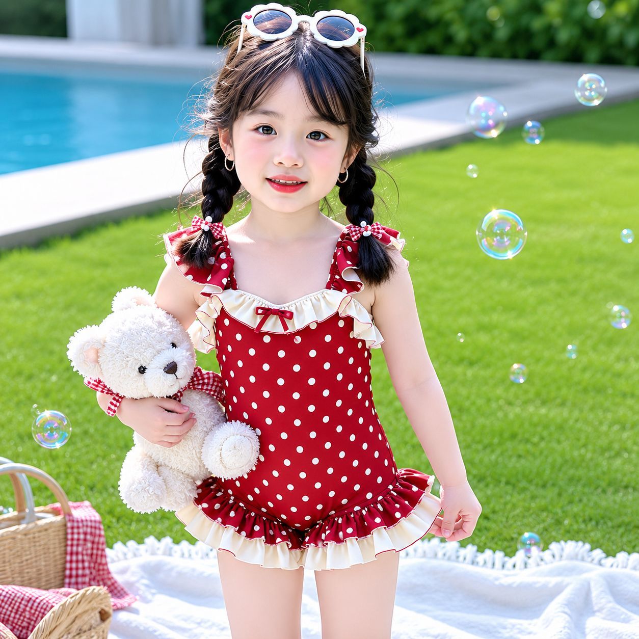 儿童泳衣女宝宝时尚连体式泳衣吊带红色波点款超萌沙滩装夏季新款