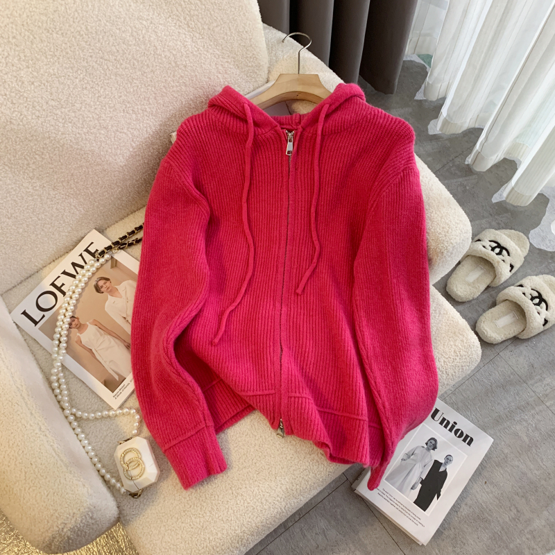 新款宽松连帽双拉头毛衣外套女修身针织开衫上衣