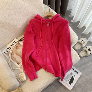 新款宽松连帽双拉头毛衣外套女修身针织开衫上衣，女装针织衫/毛衣，衣嘉衣服饰