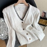 法式蕾丝边拼接挂脖假两件开衫叠穿毛绒绒软糯灰色毛衣，女装针织衫/毛衣，衣嘉衣服饰