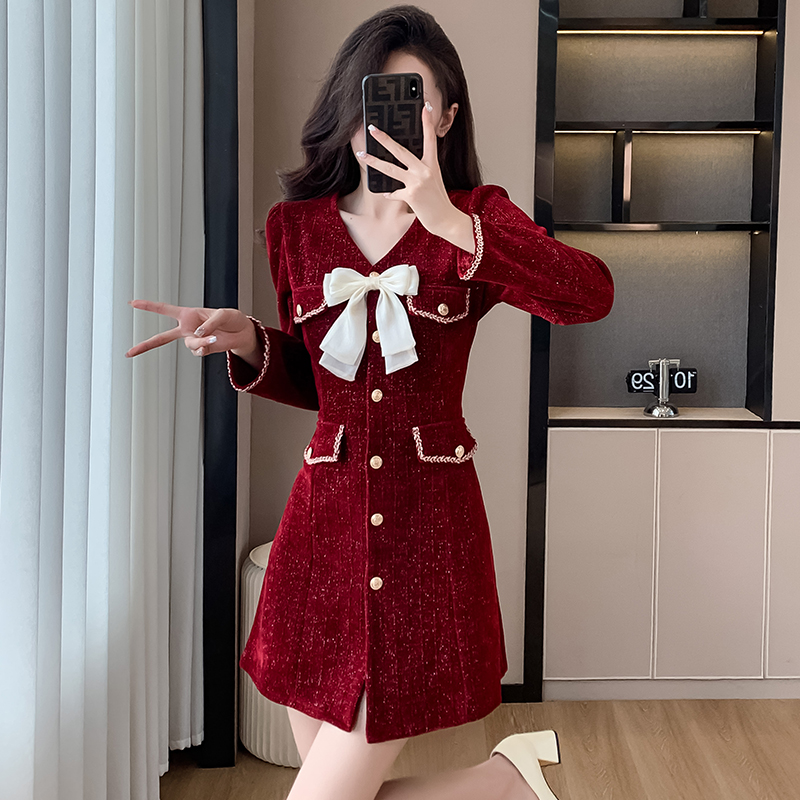 现货小众高端订婚回门敬酒新娘平时可穿小香风红色连衣裙女秋冬，女装连衣裙，衣嘉衣服饰
