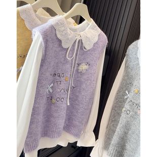 蕾丝领衬衫 2025秋季 马甲 日系小清新甜美花朵针织衫 女两件套 新款