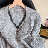 法式蕾丝边拼接挂脖假两件开衫叠穿毛绒绒软糯灰色毛衣，女装针织衫/毛衣，衣嘉衣服饰